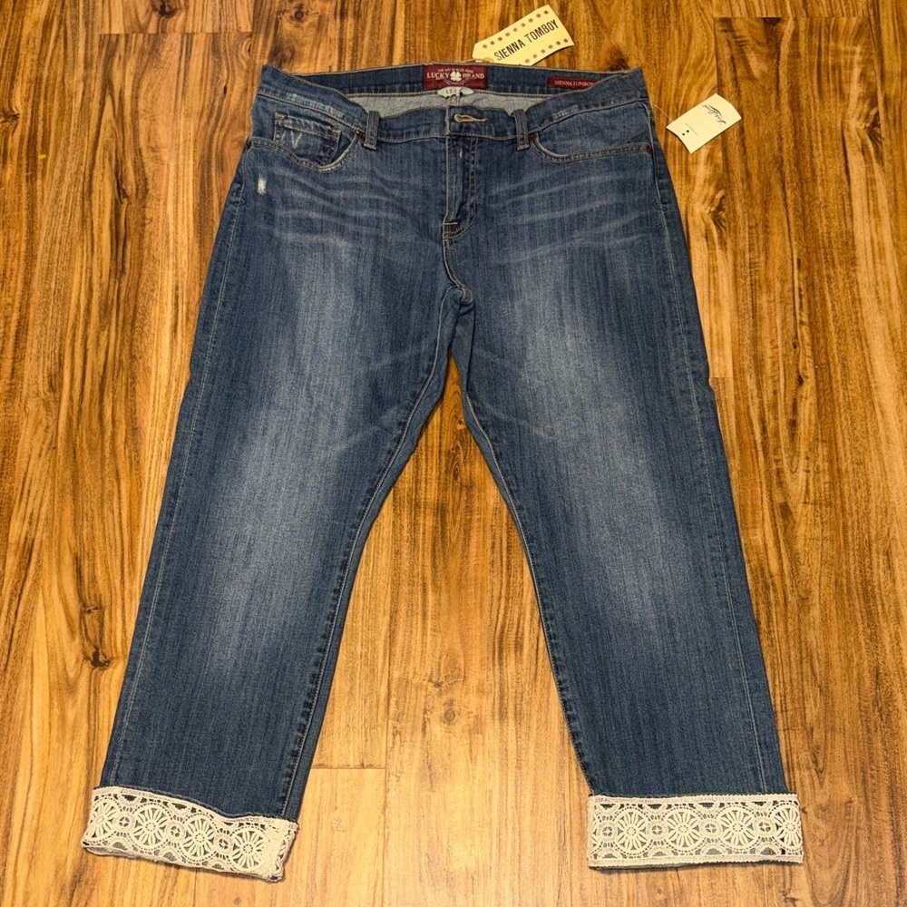 Lucky Brand women 12 31 Jeans blue tomboy crop ankle cream Lace macrame cuff nwt